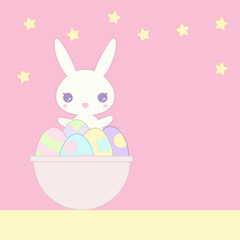 Vector cute white bunny with Easter eggs in the style of Kawaii on pink background with stars