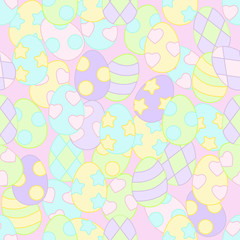 Vector easter egg seamless pattern in cartoon style for print on wallpaper, textile, for scrapbooking, sticker, banner, poster, invitation, greeting card, in nursery, on children's clothing,