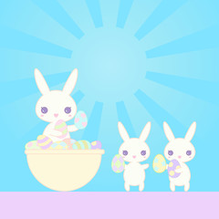 Vector cute white Bunny in the basket distributes coloured Easter eggs to baby bunnies; in the style of Kawai