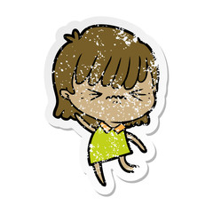 distressed sticker of a annoyed cartoon girl
