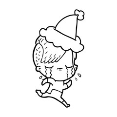 line drawing of a crying girl wearing space clothes wearing santa hat