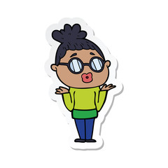 sticker of a cartoon confused woman wearing spectacles