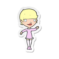 sticker of a cartoon waving woman