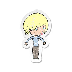 retro distressed sticker of a cartoon woman shrugging