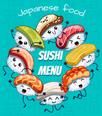 Japanese food poster design with vector sushi friends characters. Can be use sushi menu. Icons with tuna, salmon, eel, avocado, omelette, octopus, shrimp.