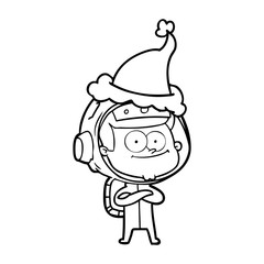 happy astronaut line drawing of a wearing santa hat