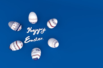 Easter eggs with text on blue background 3D render image