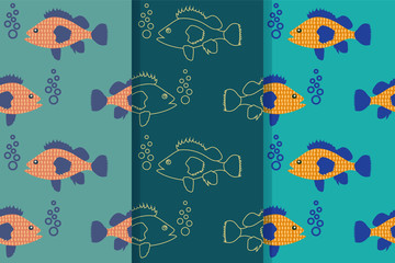 Set of three seamless patterns with floating fish in the sea in one style. Design for wallpaper, gift paper, pattern fills, web page background, greeting cards.