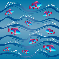 Fototapeta na wymiar Seamless pattern with fish jumping out of the water. Image of sea waves.