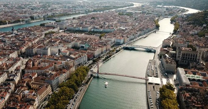 Panoramic view from drone of cityscape of Lyon in autumn day, France
