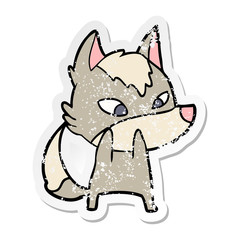 distressed sticker of a shy cartoon wolf