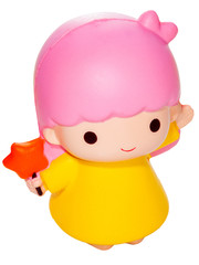 doll with pink hair and a magic wand in a yellow dress with a side view