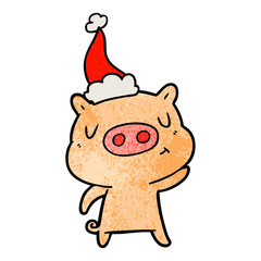 textured cartoon of a content pig wearing santa hat