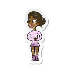 retro distressed sticker of a cartoon girl talking