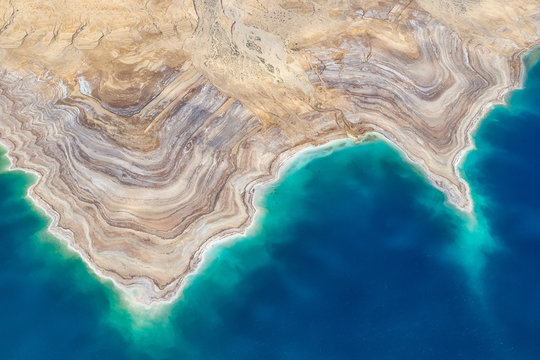 Dead Sea, ISRAEL - February 28, 2019: Flying over the salty Dead Sea of Israel.