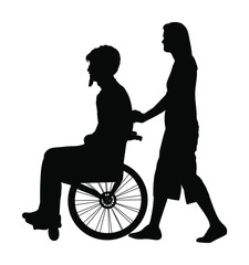 Woman assistant disabled man in wheelchair vector silhouette isolated on white. Injured person with help . Health care activity after hospital treatment. traffic accident victim. Invalid boy and nurse