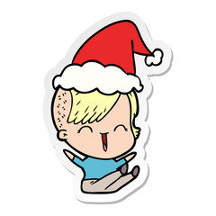 sticker cartoon of a happy hipster girl wearing santa hat