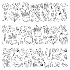 Easter vector illustration. Spring design for patterns. Holiday decoration for greeting cards. Rabbit, bunny character, eggs, flowers, seasonal elements.