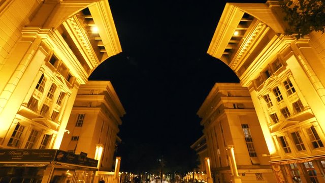 Antigone District Arc at Nght, Golden Illuminated Arhitecture, Montpellier Frace, 4K