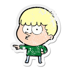 distressed sticker of a cartoon pointing boy