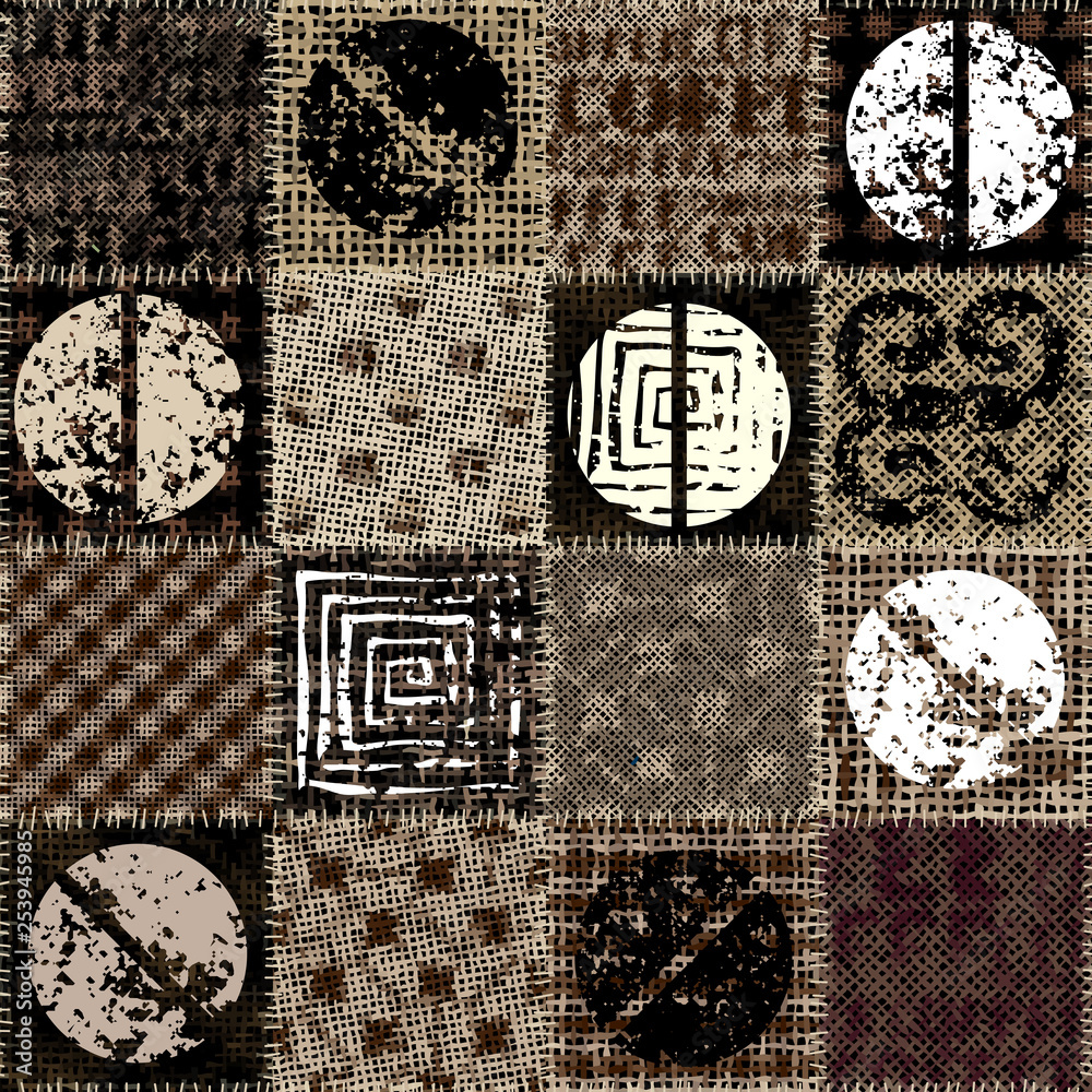 Poster Coffee pattern on a rough canvas texture Seamless pattern.