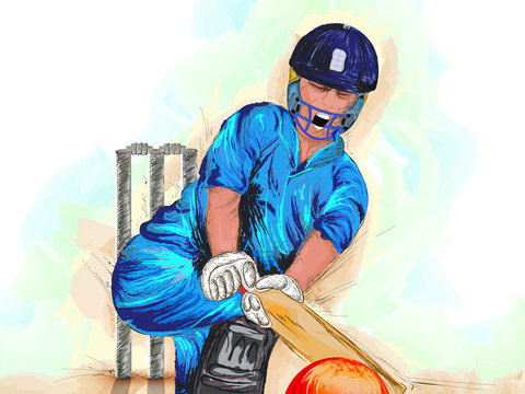 Vector illustration of cricket player in playing action on abstract background, cricket tournament poster or banner design.