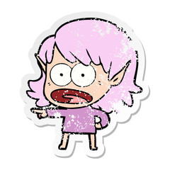 distressed sticker of a cartoon shocked elf girl