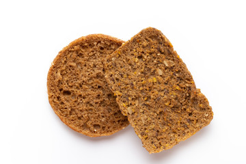 Rye bread slice on a white background.