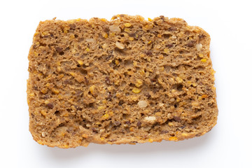 Rye bread slice on a white background.