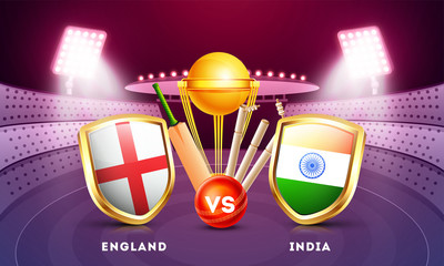 England vs India cricket match poster design with countries flag shields, champion trophy, cricket bat and ball illustration on night stadium view background.