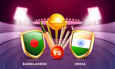 Banner or poster design, cricket tournament participant country Bangladesh vs India with illustration of cricket equipments on night stadium view background.