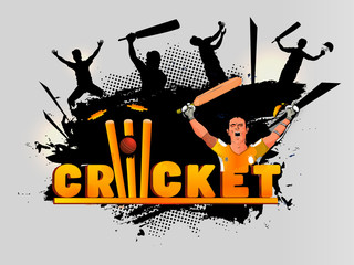 3D text Cricket with batsman character and silhouette of cricket players in playing pose on abstract gray background for Cricket Match banner or poster design.