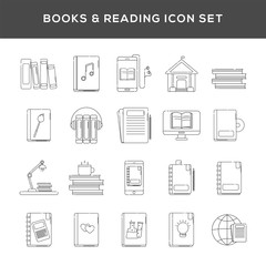 Set of books and reading icon in line art.
