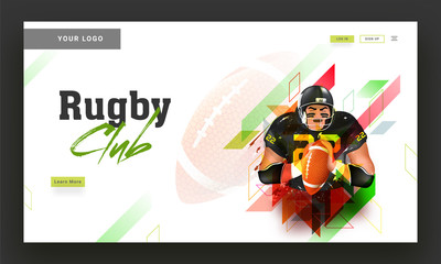 Rugby club landing page design with rugby player illustration on abstract background.