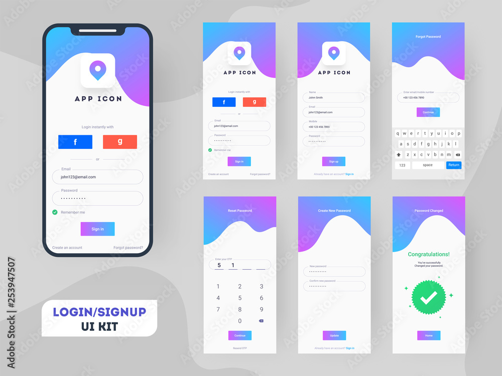 Canvas Prints different login screens including create account, sign in and sign up features for mobile apps and r