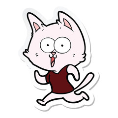 sticker of a funny cartoon cat jogging
