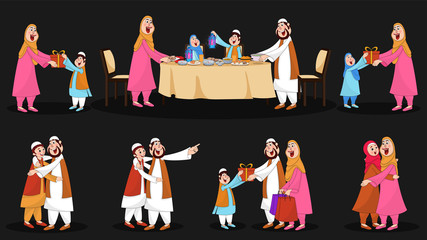 Set of happy muslim family celebrating festival in different pose.