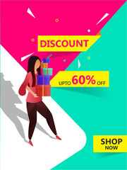 Advertising template or flyer design with illustration of girl holding gift boxes and 60% discount offer.