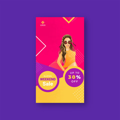 Illustration of beautiful girl on abstract background for Super weekend sale template design with 30% discount offer.