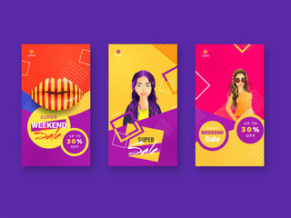 Various type Super weekend sale template design with beautiful girl illustration on abstract background.