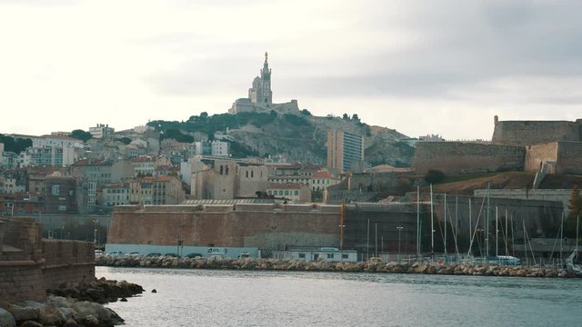 Notre-Dame de la Garde Basilica Overlooking Marseill Harbor, France, 4K