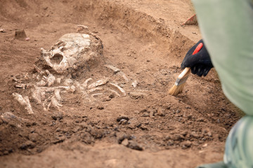 Archaeological excavations. The archaeologist in a digger process. Close up hands with brush...