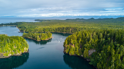Fototapeta na wymiar Vancouver island. Dron's view. Forest, water and boat