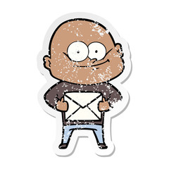 distressed sticker of a cartoon bald man staring with letter