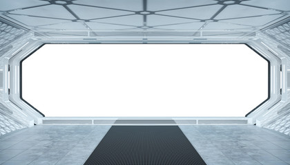 White blue spaceship futuristic interior mockup with window view 3d rendering © sdecoret