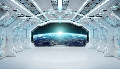 White blue spaceship futuristic interior with window view on planet Earth 3d rendering © sdecoret