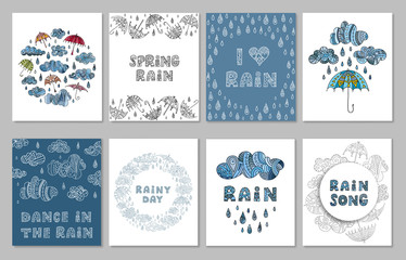 Hand drawn cards with inscriptions with umbrellas, drops, clouds.