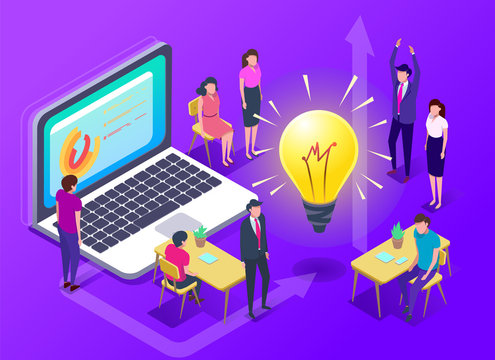 People work in a team and achieve the goal. Isometric vector illustration.