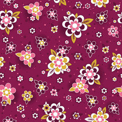 Fototapeta na wymiar Seamless pattern with decorative flowers. Seamless floral pattern. Repeatable purple natural background. Can be used for fabric, scrap booking, wallpaper, web background, invitation, vector