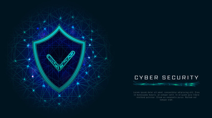 Fototapeta na wymiar Cyber security concept. Shield with check mark, digital cyber data privacy protection, internet technology on abstract polygonal background. Blue vector illustration